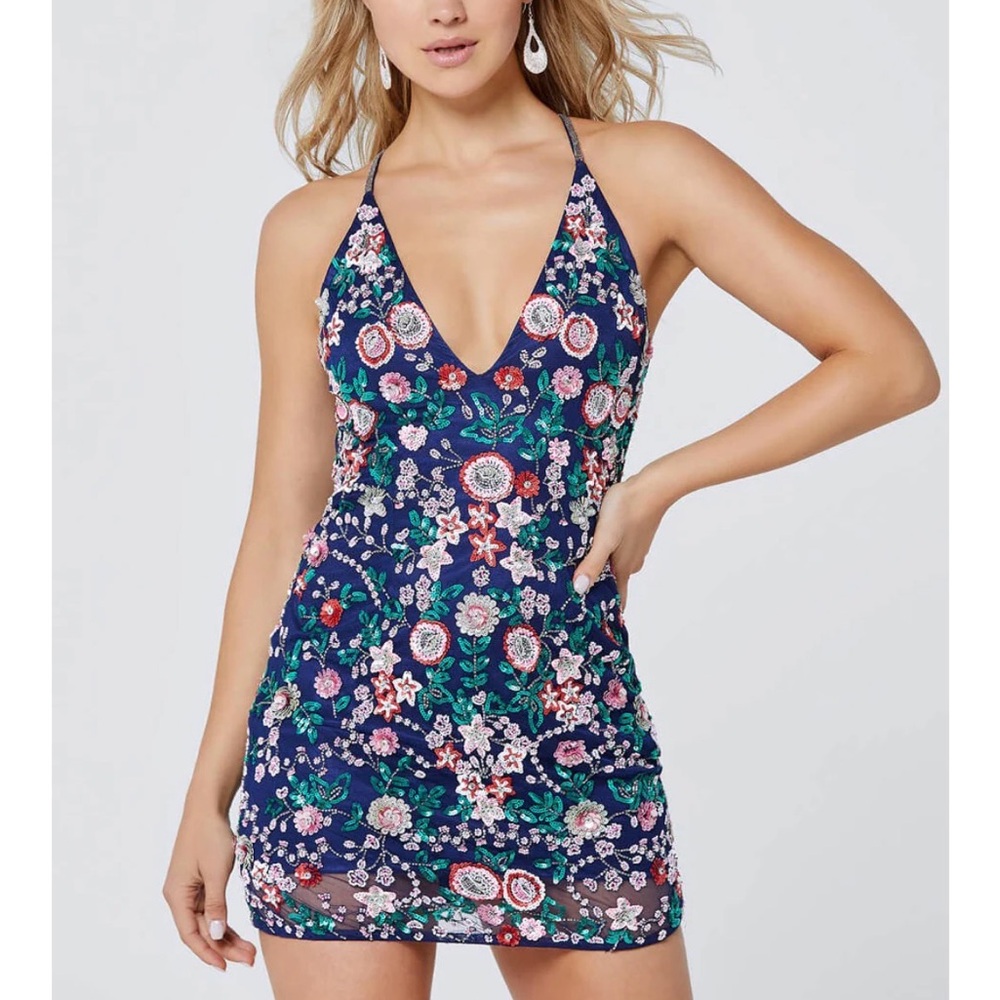 Primavera Couture Navy and Teal Sequin Floral Mini Dress